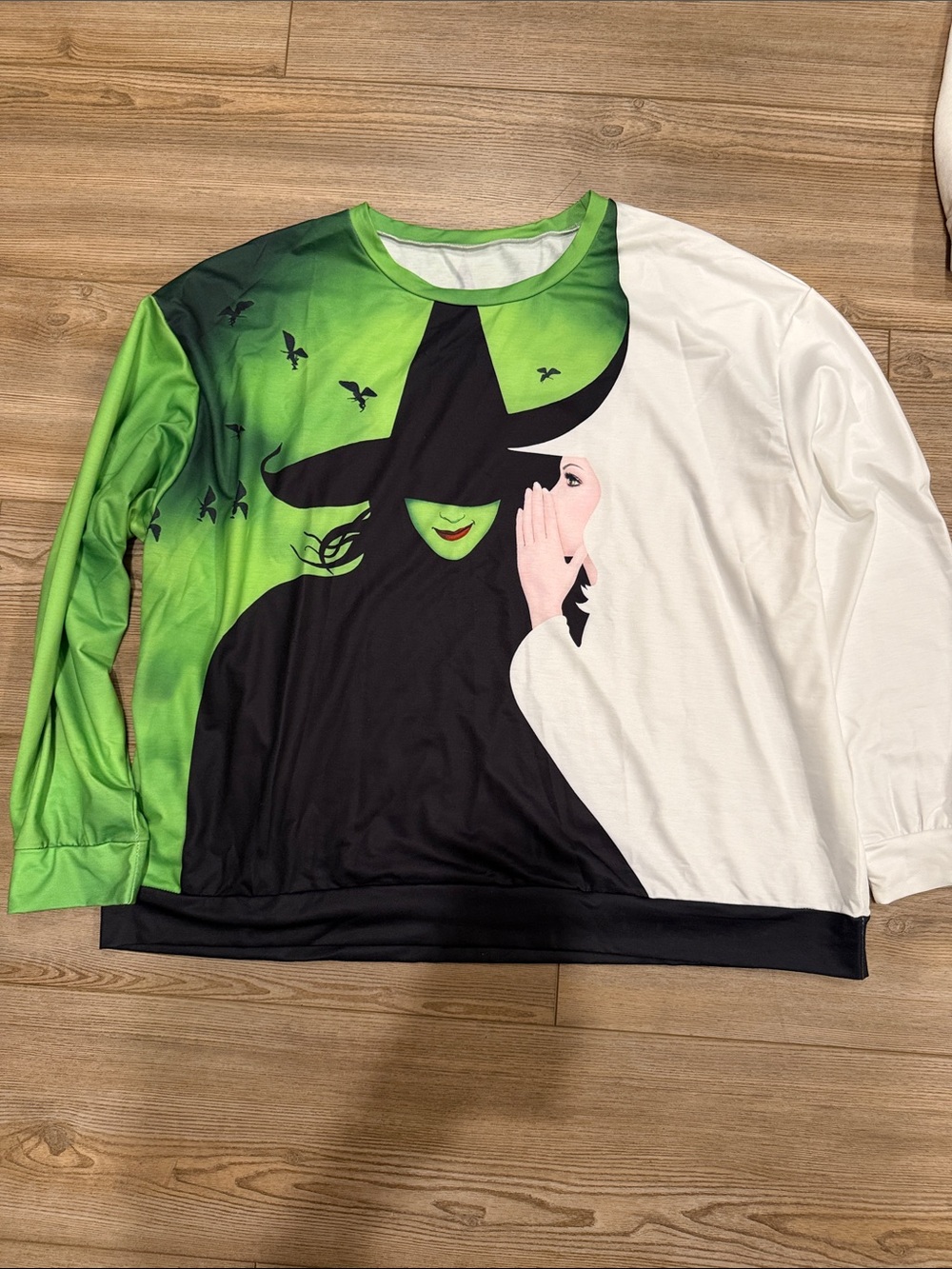 Women's Long Sleeve Graphic Tee - Green/White Witch Design